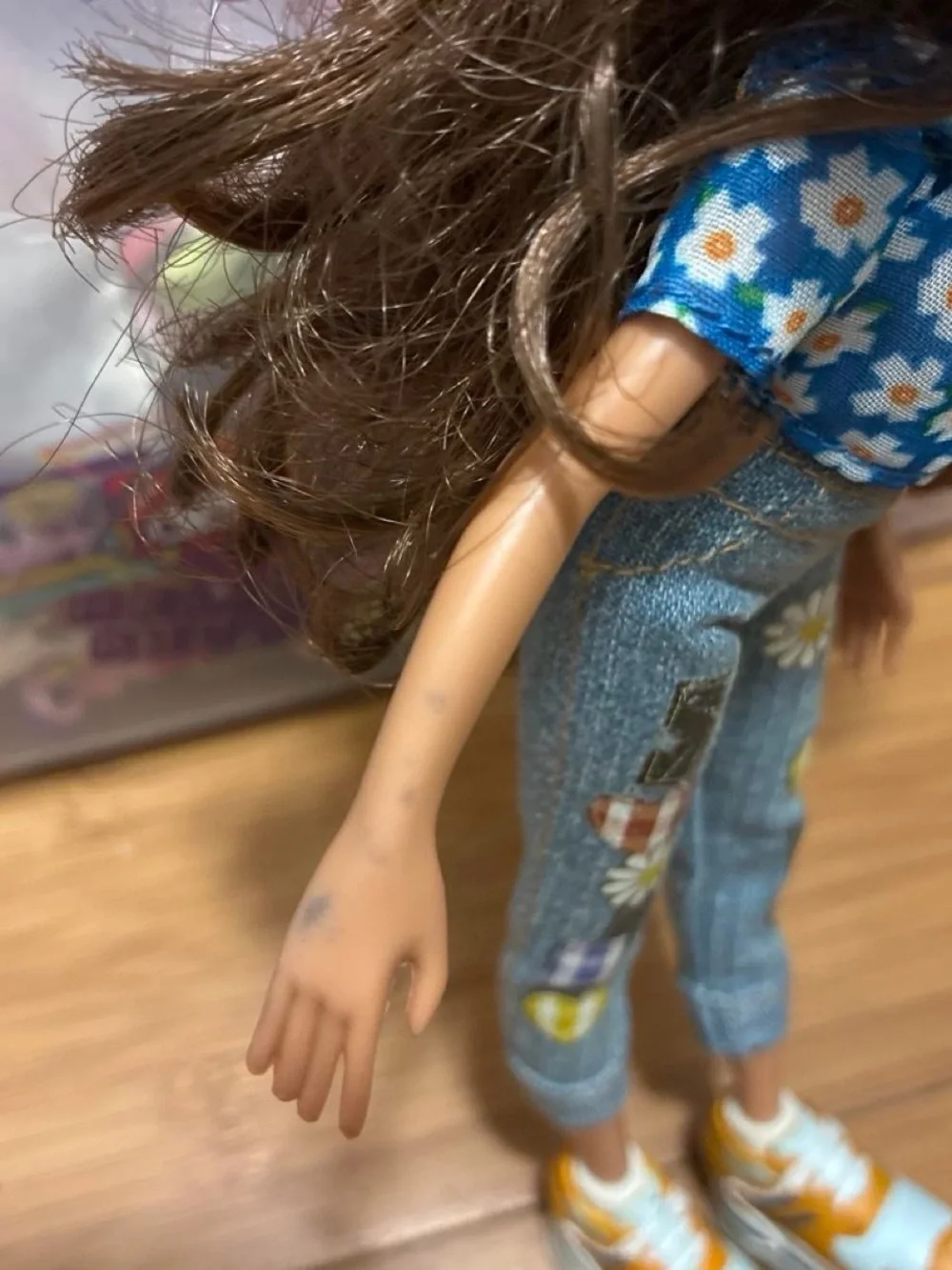 Brunette Fashion Doll with Blue Floral Top and Yellow Sneakers